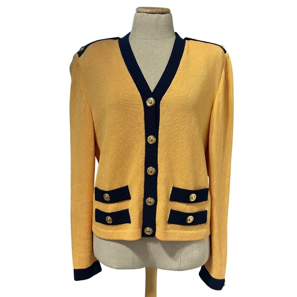St. John Collection Womens Sz Medium Yellow \Navy Knit Cardigan Jacket